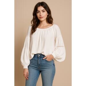 Free People SZ XS White Oversized Boatneck Cropped Cotton Tiered Sleeve Top